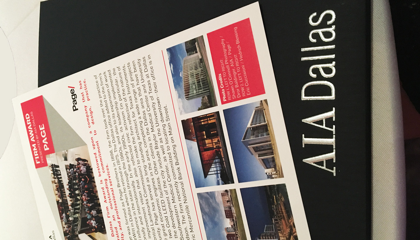 AIA Dallas program explaining the characteristics that made Page a candidate for Firm of the Year. - Page