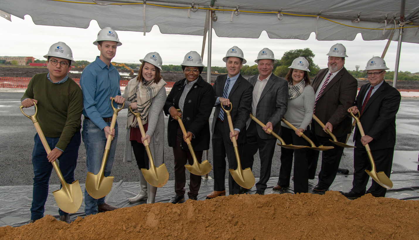 (L-R) Pagers Marco Martinez, Kyle Kiser, Jordan Moses, Taylor Hudson, Patrick Gurley, Mattia Flabiano III, Annelie Persson Call, Collin College District President Dr. Neil Matkin and Pager Richard Robinson. - Collin College