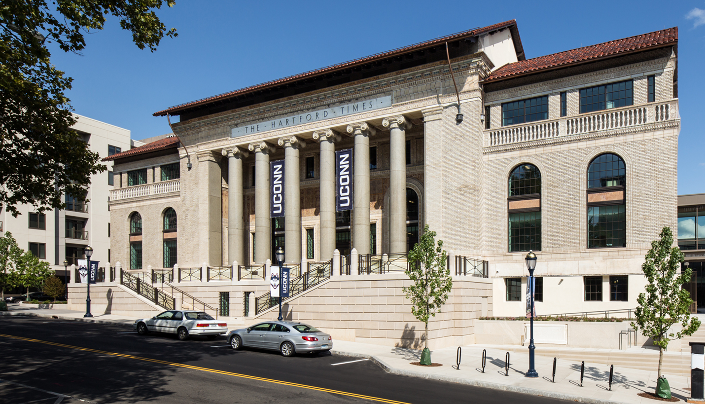 John F. Kennedy Jr. made his last election speech in the portico of the Hartford Times Building which the project team renovated to serve as the anchor of UConn's new urban campus. - © PDK Commercial Photographers