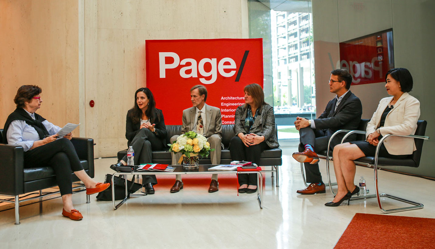 From left to right: Moderator Susan Szenasy and Page leaders Jamie Flatt, David Morgareidge, Kris Walsh, David Euscher and Marissa Yu discuss the workplace. - Page