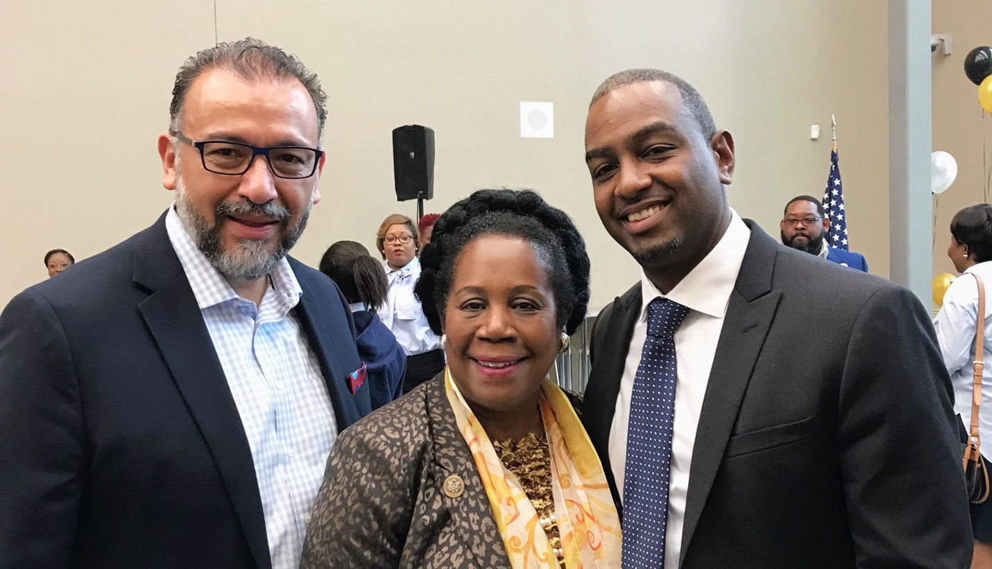 Page Senior Principal Art Chavez (left) and Associate Ptah Harding with U.S. Representative Sheila Jackson Lee. - 