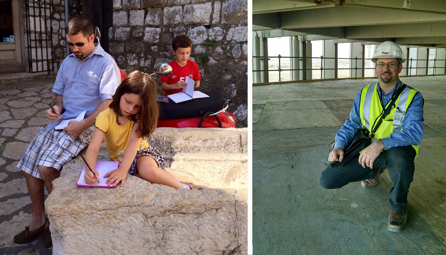 Page Associate Principal Paul Bielamowicz teaching his niece and nephew about architectural drawing (left) and at the ABIA Terminal East Infill project he is leading. - 