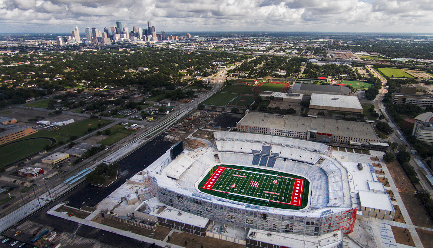 Looking Good From All Angles: A construction photo from earlier in 2014 shows TDECU Stadium in relation to the downtown Houston skyline. (08/27/2014) - Stephen Pinchback